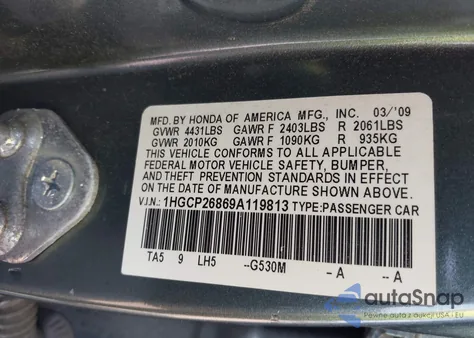 2009 Honda Accord 2.4 Ex-L from USA, damaged, VIN 1HGCP26869A119813